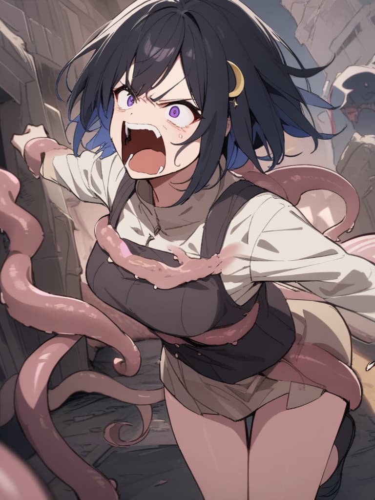  Tentacle Background,Manipulate the tentacles,((Tentacles coming out of the back,beige Tentacles,beige feeler,beige sharp tentacle))1.8,((Anger,screaming,hatred))1.2,murderous intent,mouths open,running,tattered clothes,rubble,collapsed buildings,cool girl,Black hair,(purple eyes),short,cropped hair,crescent moon hair ornament, masterpiece, best quality,8k,ultra detailed,high resolution,an extremely delicate and beautiful,hyper detail