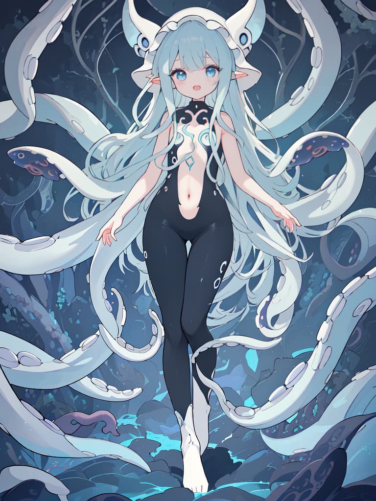  ((full body)),((whole body))、squid、Open mouth,rather large chest、(best quality:1.4、masterpiece:1.4)、((limbs entangled in tentacles、body entangled In tentacles、tentacles limb))、American comics style、Thema is White、(ultra detailed beautiful face)、Blue eye shadow、tighty body suit, masterpiece, best quality,8k,ultra detailed,high resolution,an extremely delicate and beautiful,hyper detail