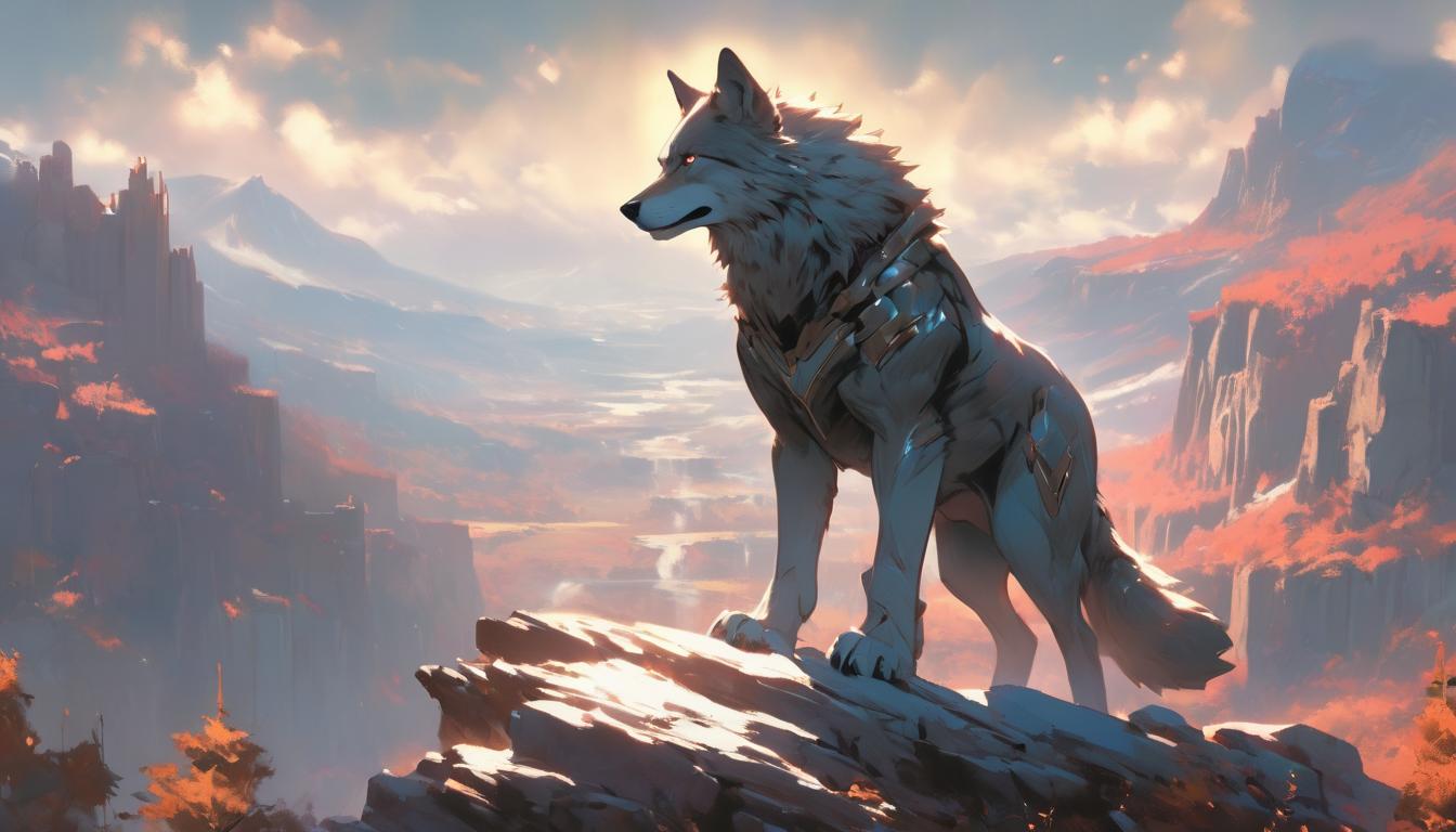  hyperrealism,fantasy aestheticA commanding wolf standing on a rock ledge overlooking a valley, posture erect, background of a vast landscape with mountains and forests, invincible, dominant, high tech clothing clad in sleek, futuristic costume with metallic accents and form fitting designs, marvel superhero comics style, unreal engine rendering