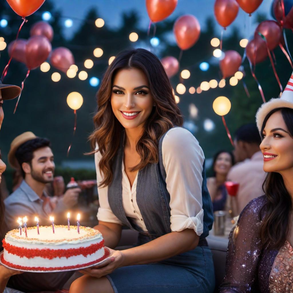  Transform the scene from an indoor image of a person sitting on a couch holding a baseball bat to an outdoor birthday party scene. The person in the original image should closely resemble the one in the new image. Include the following elements: the person lighting fireworks, a visible birthday cake with candles on a table next to them, colorful balloons, banners, and decorations, and a clear night sky with stars in the background. Capture a festive and joyful atmosphere with other guests enjoying the celebration. hyperrealistic, full body, detailed clothing, highly detailed, cinematic lighting, stunningly beautiful, intricate, sharp focus, f/1. 8, 85mm, (centered image composition), (professionally color graded), ((bright soft diffused light)), volumetric fog, trending on instagram, trending on tumblr, HDR 4K, 8K