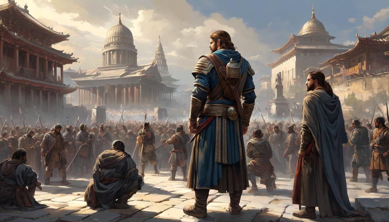  digital painting of A central figure surrounded by kneeling followers, ancient cityscape in the background, influential, commanding looking at viewer, dynamic pose, (intricate details, masterpiece, best quality)