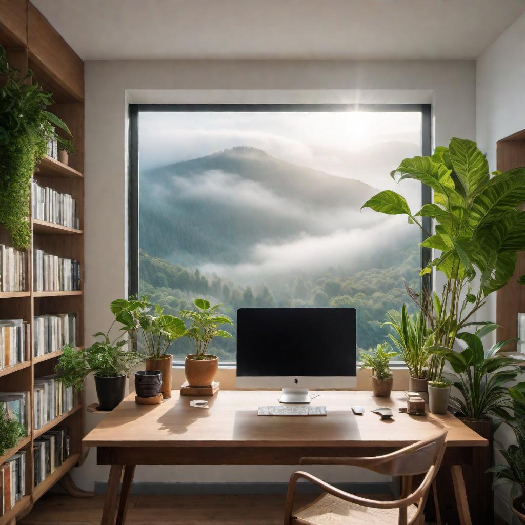  A computer screen showing a generic user interface, with an application window open. The screen is visible as part of a larger scene where a user is sitting comfortably at a desk in a cozy room. The room features soft lighting, some plants, and a bookshelf. hyperrealistic, full body, detailed clothing, highly detailed, cinematic lighting, stunningly beautiful, intricate, sharp focus, f/1. 8, 85mm, (centered image composition), (professionally color graded), ((bright soft diffused light)), volumetric fog, trending on instagram, trending on tumblr, HDR 4K, 8K