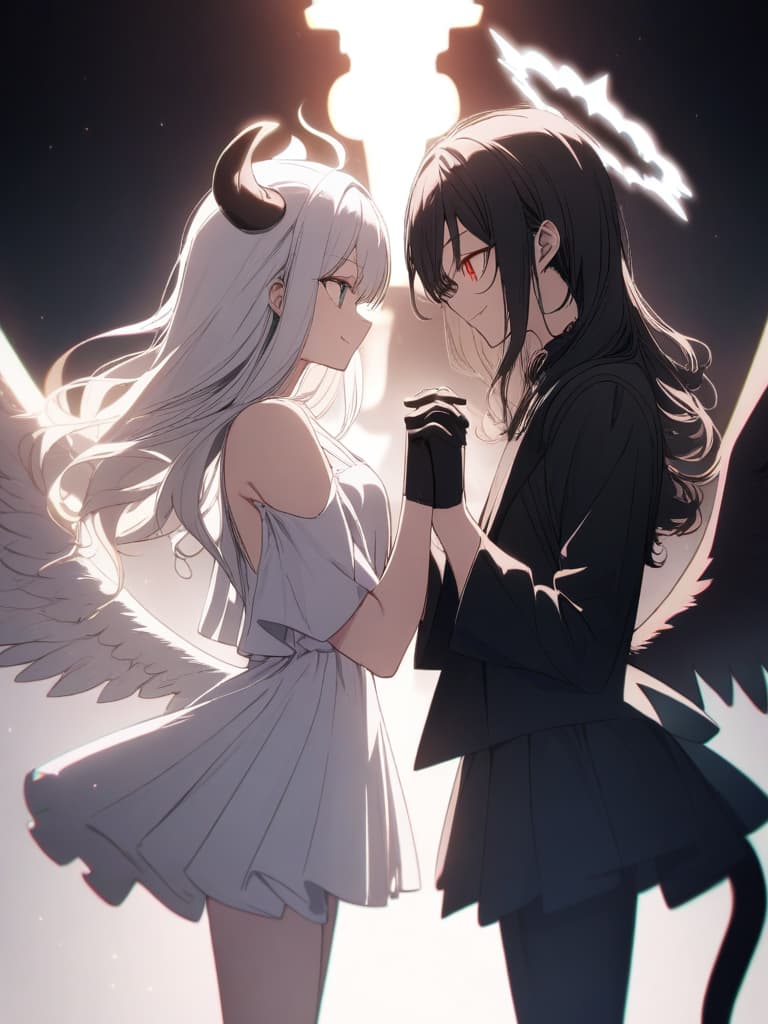  ((Angel and devil,angel,devil,facing each other,s together,y,tempting,devil on the right,angel on the left,holding hands,divine)),((Angel,angel wings,angel halo,halo,white dress,big s,blue eyes,white hair,perm,long hair,curly hair,beautiful,pretty ,puzzled face)),((Devil,devil wings,devil horns,devil tail,red eyes,black hair,straight long hair,big s,black dress,black gloves,devilish smile,pretty )),pretty ,cute,high quality,two people,two s,ultra detailed,best shadow,cute and beautiful face,(masterpiece:1.2),(best quality:1.2),detailed background,high contrast,(best illumination,an extremely delicate and beautiful),((cinematic light)),hyper detail,dramatic light,intricate details,8k,anime,very aesthetic、(