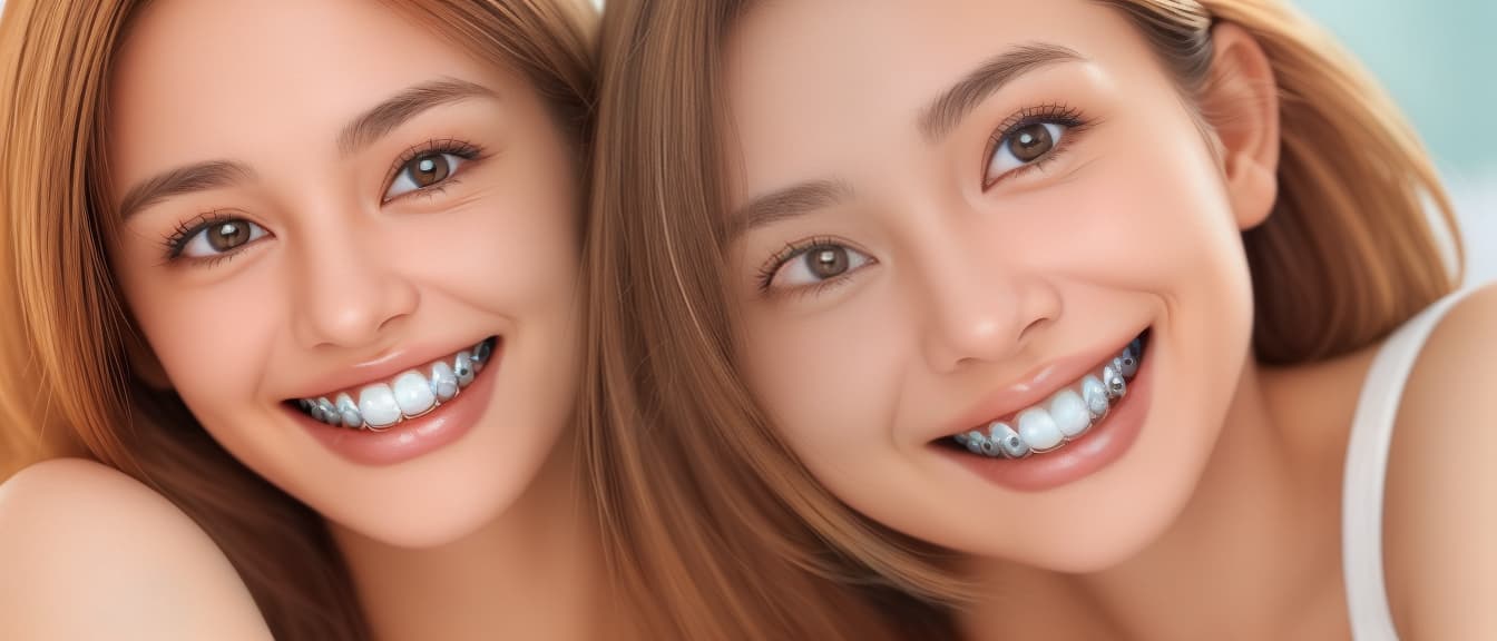  best quality, HD, Close up of a woman smiling while wearing orthodontic braces on her teeth