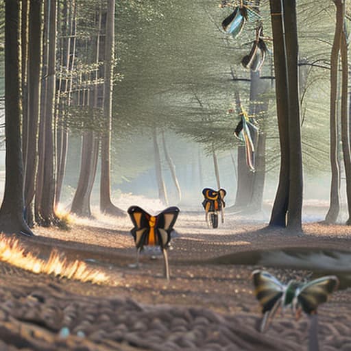  three butterflies in a forest with sun light hyperrealistic, full body, detailed clothing, highly detailed, cinematic lighting, stunningly beautiful, intricate, sharp focus, f/1. 8, 85mm, (centered image composition), (professionally color graded), ((bright soft diffused light)), volumetric fog, trending on instagram, trending on tumblr, HDR 4K, 8K