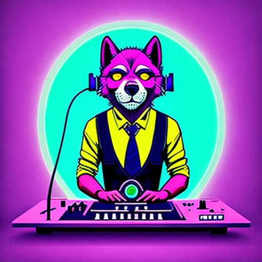  gangster wolf wearing headphones an in front of DJ decks in a neon graffitied alley in PrintDesign style