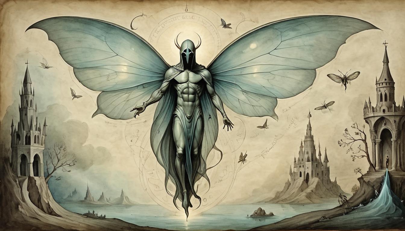  on parchment, surrealism+++, A figure emerging from a chrysalis, glowing with ethereal light, wings forming, sense of rebirth, transcendence, divine transformation(mysterious, provocative, symbolic,muted color)+++