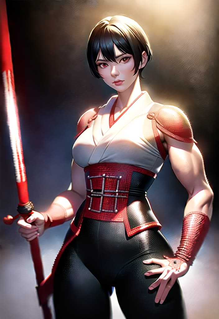  Black hair, berry short hair, beautiful woman, white dress shirt, Japanese samurai red armor, black leather pants, muscles, Japanese swords, head to thighs, (Masterpiece, BestQuality:1.3), (ultra detailed:1.2), (hyperrealistic:1.3), (RAW photo:1.2),High detail RAW color photo, professional photograph, (Photorealistic:1.4), (realistic:1.4), ,professional lighting, (japanese), beautiful face, (realistic face)