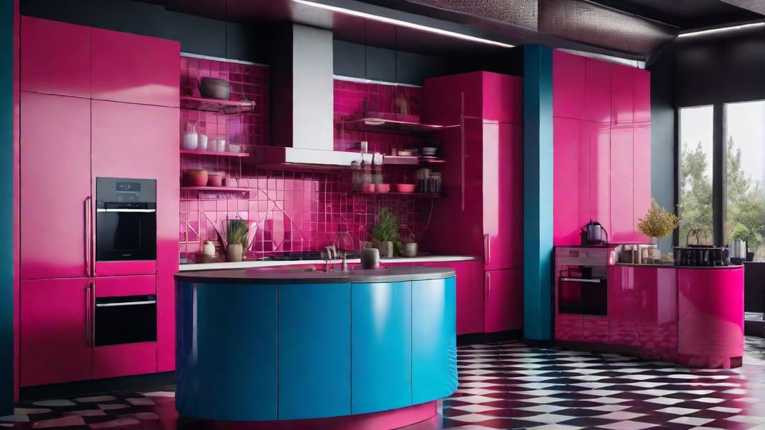  Create an image of a dynamic 80s retro kitchen with bold neon colors like electric blue and hot pink. The cabinetry should have a glossy finish that reflects these bright colors. Include retro geometric patterns on the walls and shiny black tiles on the flooring. The overall atmosphere should convey a funky and energetic vibe reminiscent of the 80s. hyperrealistic, full body, detailed clothing, highly detailed, cinematic lighting, stunningly beautiful, intricate, sharp focus, f/1. 8, 85mm, (centered image composition), (professionally color graded), ((bright soft diffused light)), volumetric fog, trending on instagram, trending on tumblr, HDR 4K, 8K