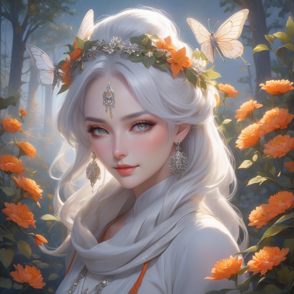  A portrait of a woman with silver hair adorned with orange flowers and leaves, exuding an ethereal and mystical aura. The artwork captures a whimsical with a serene demeanor, pale complexion, and silver white hair adorned with a colorful floral wreath. Her soft facial features exude tranquility, complemented by a scarf that mimics layers of foliage and is accented with flowers. A unique erfly shaped extends from her shoulder, blending with her attire. The scene is ed in the gentle glow of a crescent moon, casting a warm light against the night sky, creating an enchanting, naturalistic tableau. hyperrealistic, full body, detailed clothing, highly detailed, cinematic lighting, stunningly beautiful, intricate, sharp focus, f/1. 8, 85mm, (centered image composition), (professionally color graded), ((bright soft diffused light)), volumetric fog, trending on instagram, trending on tumblr, HDR 4K, 8K