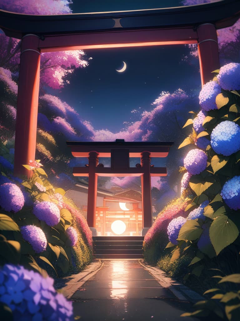  Scenery, Senbon Torii, crescent moon, night, hydrangea, masterpiece, best quality,8k,ultra detailed,high resolution,an extremely delicate and beautiful,hyper detail