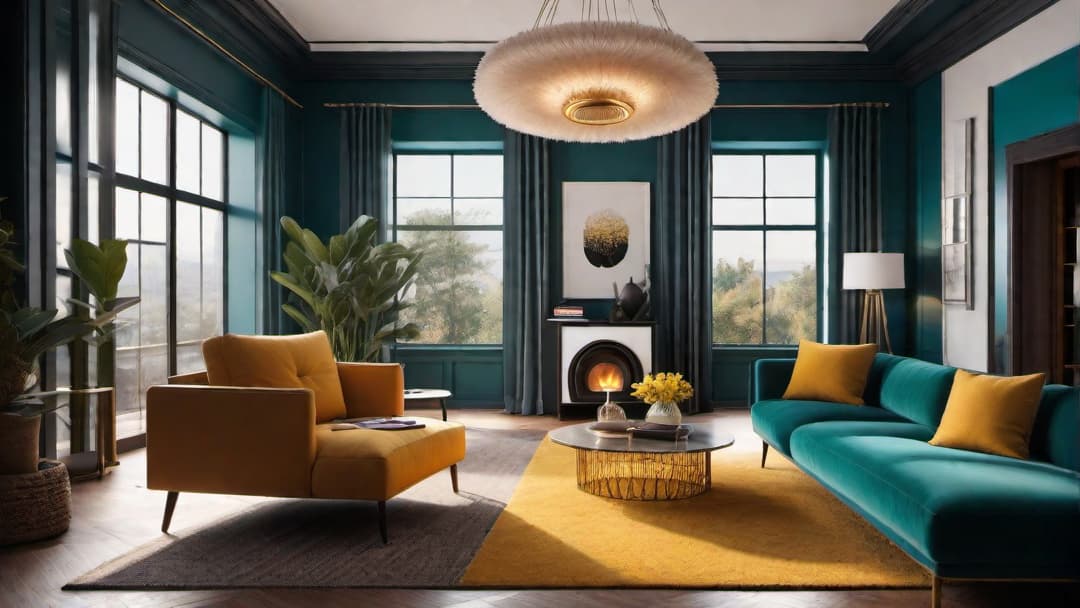  Create an image of a cozy retro living room with a mid century modern design, featuring a record player, vintage rotary phone, and a retro tube TV. additional guidelines Must include warm and inviting color tones like mustard yellow and teal, a shag rug, and a sunburst mirror on the wall. hyperrealistic, full body, detailed clothing, highly detailed, cinematic lighting, stunningly beautiful, intricate, sharp focus, f/1. 8, 85mm, (centered image composition), (professionally color graded), ((bright soft diffused light)), volumetric fog, trending on instagram, trending on tumblr, HDR 4K, 8K