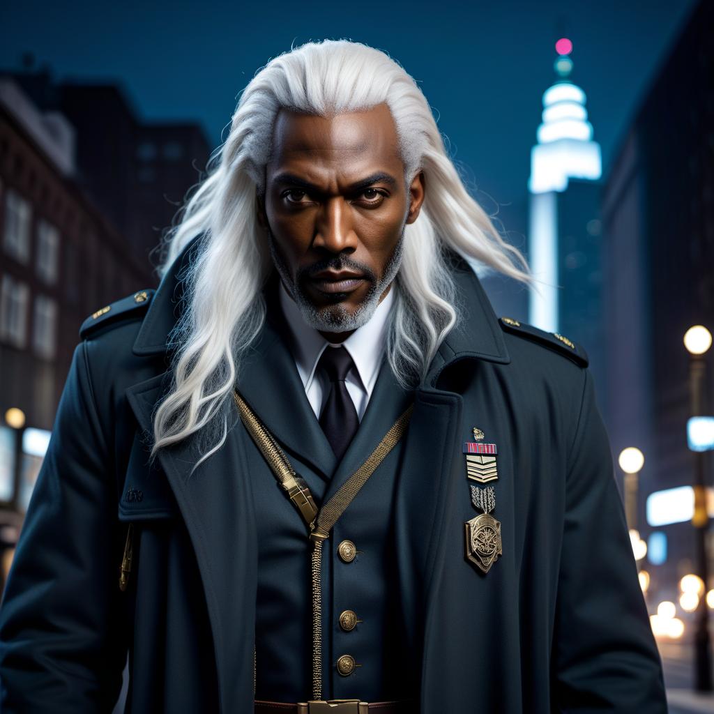  lovecraftian horror A Black man, a soldier, in a coat, carrying two handguns on his belt, a light beard, long white hair, stands to his full height in the city. . eldritch, cosmic horror, unknown, mysterious, surreal, highly detailed hyperrealistic, full body, detailed clothing, highly detailed, cinematic lighting, stunningly beautiful, intricate, sharp focus, f/1. 8, 85mm, (centered image composition), (professionally color graded), ((bright soft diffused light)), volumetric fog, trending on instagram, trending on tumblr, HDR 4K, 8K