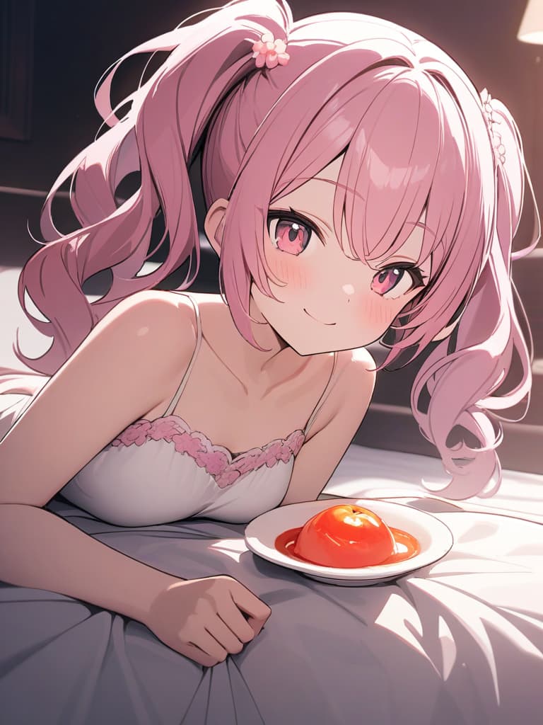  Cute, , thin body, fluffy hair, fluffy long hair, twin tails, pink hair color, pink eyes, sauce, peach decoration, peach, smile, , napeto, camisole, bed, bed, bed. , Large , masterpiece, best quality,8k,ultra detailed,high resolution,an extremely delicate and beautiful,hyper detail