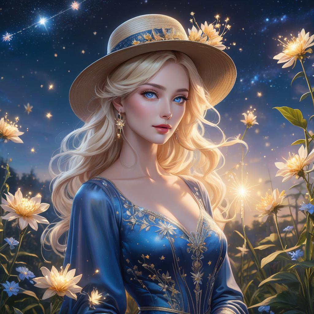  A lady in a hat holding flowers against a beautiful dark blue evening Sky With fireflies and many stars in the sky and the flower he was holding was shining brightly And there are many shooting stars in the sky He has blonde hair and blue eyes, 8k resolution holographic astral cosmic illustration mixed media by Pablo Amaringo hyperrealistic, full body, detailed clothing, highly detailed, cinematic lighting, stunningly beautiful, intricate, sharp focus, f/1. 8, 85mm, (centered image composition), (professionally color graded), ((bright soft diffused light)), volumetric fog, trending on instagram, trending on tumblr, HDR 4K, 8K