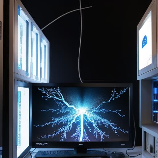  Neuron view side with dendrite in an electrical environment inside a computer screen with debt