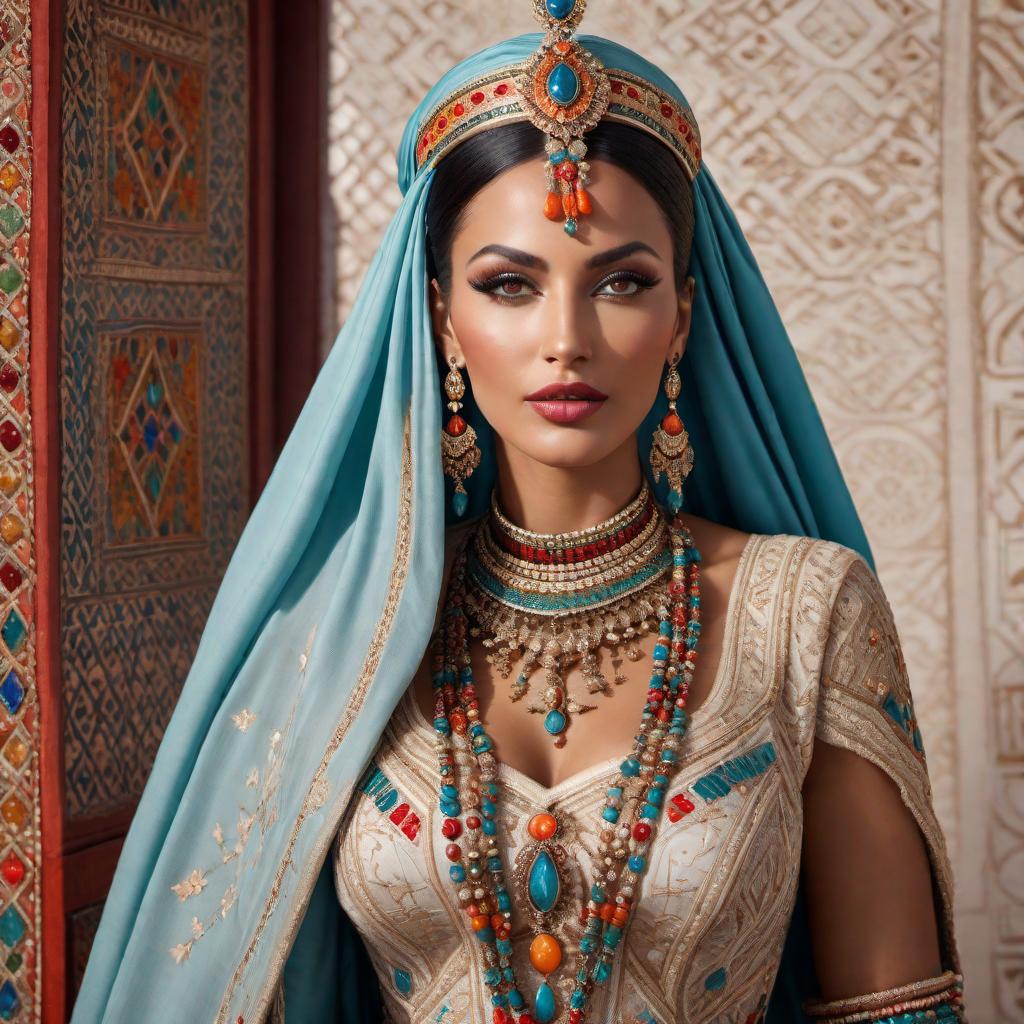  A traditional Queen from southern Morocco. She is adorned with cultural attire that consists of vibrant, colorful fabrics, with intricate patterns and ornaments. Her headdress is elaborate with traditional Moroccan designs, decorated with gemstones and possibly feathers. The setting should depict elements of southern Moroccan architecture or landscapes as a backdrop, such as adobe buildings, desert scenery, or local flora. hyperrealistic, full body, detailed clothing, highly detailed, cinematic lighting, stunningly beautiful, intricate, sharp focus, f/1. 8, 85mm, (centered image composition), (professionally color graded), ((bright soft diffused light)), volumetric fog, trending on instagram, trending on tumblr, HDR 4K, 8K