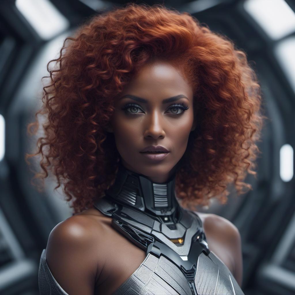  sci fi style dark woman, curly wavy red hair, light gray eyes, dilated pupil, small earrings, necklace, dress . futuristic, technological, alien worlds, space themes, advanced civilizations hyperrealistic, full body, detailed clothing, highly detailed, cinematic lighting, stunningly beautiful, intricate, sharp focus, f/1. 8, 85mm, (centered image composition), (professionally color graded), ((bright soft diffused light)), volumetric fog, trending on instagram, trending on tumblr, HDR 4K, 8K