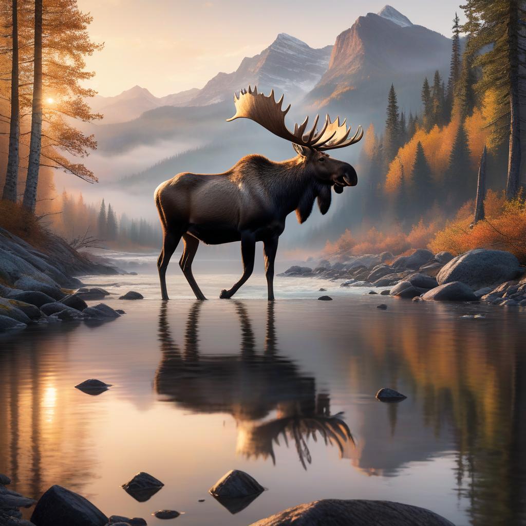  A majestic moose stands by a serene river amidst a misty, autumnal forest with a striking mountain backdrop at sunset. hyperrealistic, full body, detailed clothing, highly detailed, cinematic lighting, stunningly beautiful, intricate, sharp focus, f/1. 8, 85mm, (centered image composition), (professionally color graded), ((bright soft diffused light)), volumetric fog, trending on instagram, trending on tumblr, HDR 4K, 8K