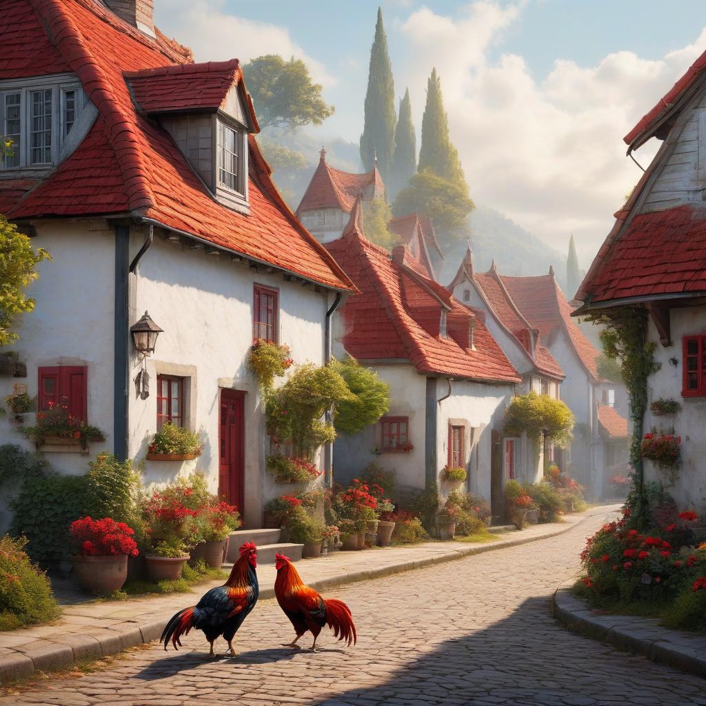  No people. Small village in USA. In the style of Jean Baptiste Monge, old white houses with red roofs, windows bordered with a wide yellow outline. Four red roosters walk in the middle of the street. Details. Lots of embellishments and small details, detailed look. soft colors, HDR, 4K hyperrealistic, full body, detailed clothing, highly detailed, cinematic lighting, stunningly beautiful, intricate, sharp focus, f/1. 8, 85mm, (centered image composition), (professionally color graded), ((bright soft diffused light)), volumetric fog, trending on instagram, trending on tumblr, HDR 4K, 8K