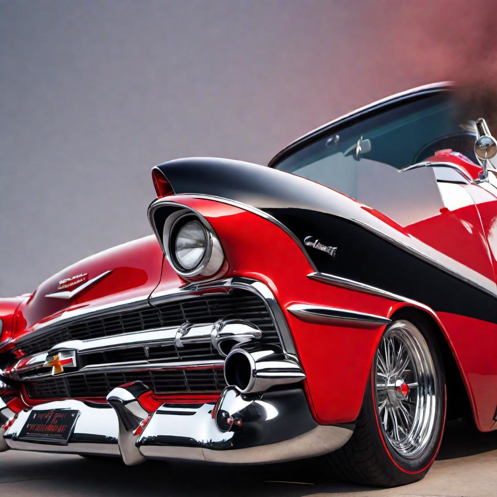  A detailed drawing of a 1957 Chevrolet car with a sleek black paint job and eye-catching red rims. The car should have a classic vintage look, capturing its iconic curves and chrome details. The background should be minimal to focus on the car's design. This is to be used on a T-shirt. hyperrealistic, full body, detailed clothing, highly detailed, cinematic lighting, stunningly beautiful, intricate, sharp focus, f/1. 8, 85mm, (centered image composition), (professionally color graded), ((bright soft diffused light)), volumetric fog, trending on instagram, trending on tumblr, HDR 4K, 8K