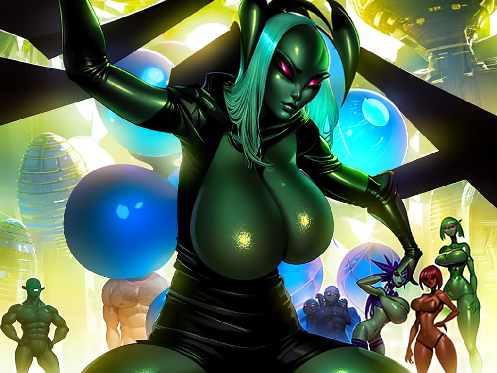  sexy alien females with massive boobs wearing nothing and gathering around a human male shorts and rubbing up against him (in bright light)