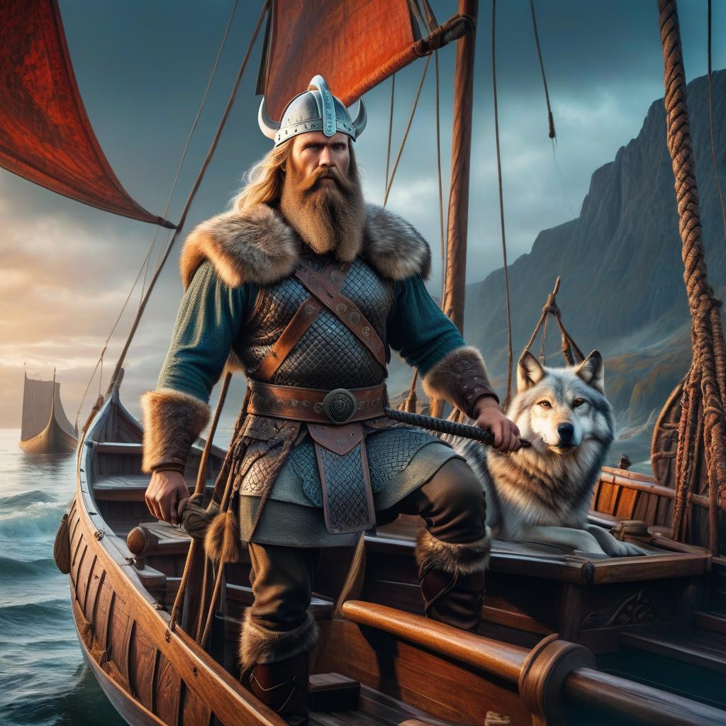  retro game art A bearded Viking wearing a wolf skin on a traditional Viking boat stands in front, realistic oil painting, Double exposure, high detail rendering, 8k . 16 bit, vibrant colors, pixelated, nostalgic, charming, fun hyperrealistic, full body, detailed clothing, highly detailed, cinematic lighting, stunningly beautiful, intricate, sharp focus, f/1. 8, 85mm, (centered image composition), (professionally color graded), ((bright soft diffused light)), volumetric fog, trending on instagram, trending on tumblr, HDR 4K, 8K