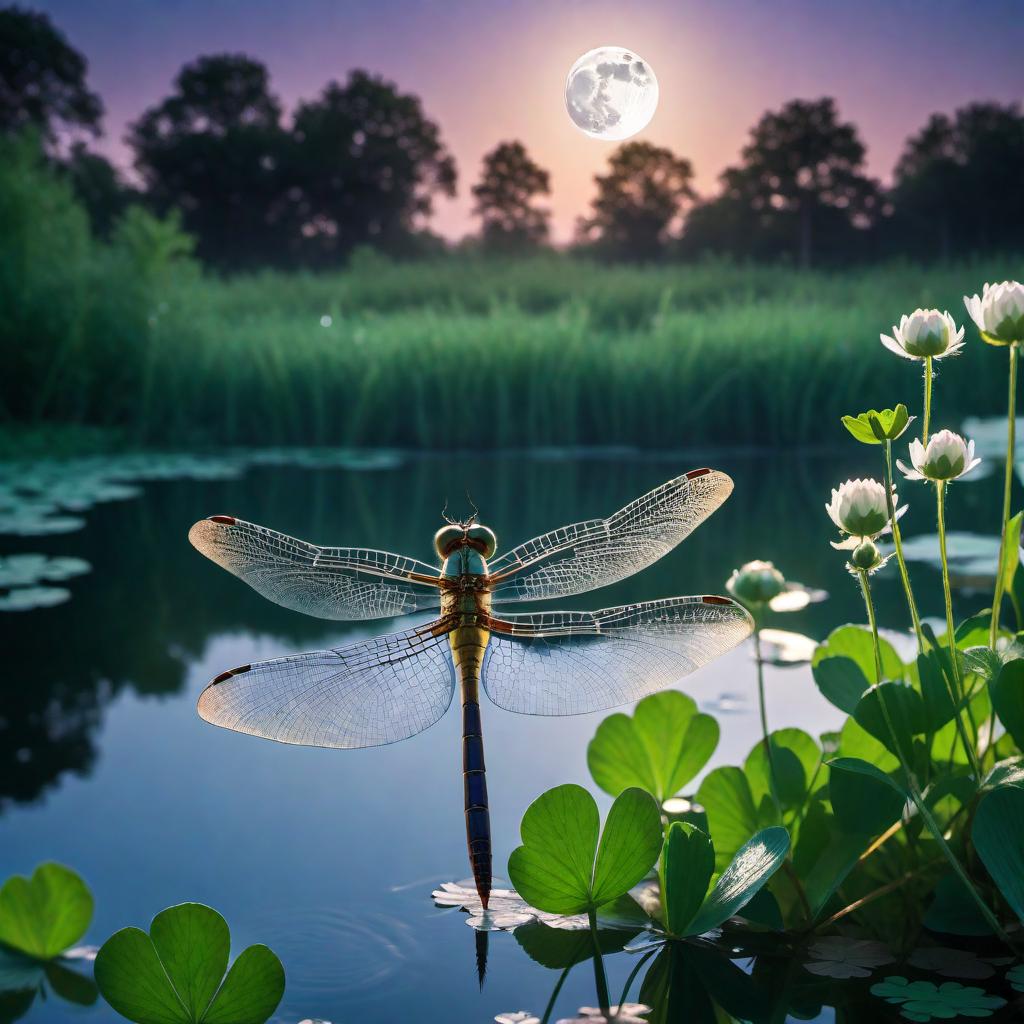  A lower, worm's-eye view looking up at a close-up of a dragonfly flying upwards from a four-leaf clover at the edge of a pond. The pond reflects both the dragonfly and the full moon clearly. The background features a blue night sky with a full moon in view and stars lightly scattered around. The image captures the details of the dragonfly, the four-leaf clover, the pond, and the reflections of the dragonfly and the moon, with the serene beauty of the night sky. hyperrealistic, full body, detailed clothing, highly detailed, cinematic lighting, stunningly beautiful, intricate, sharp focus, f/1. 8, 85mm, (centered image composition), (professionally color graded), ((bright soft diffused light)), volumetric fog, trending on instagram, trending on tumblr, HDR 4K, 8K