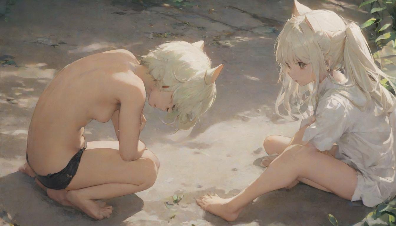  anime artwork A guy with zinc skin and platinum blond hair bent over and reached out to a girl with platinum blond hair, cat ears, and a fluffy tail sitting on the ground. . anime style, key visual, vibrant, studio anime, highly detailed hyperrealistic, full body, detailed clothing, highly detailed, cinematic lighting, stunningly beautiful, intricate, sharp focus, f/1. 8, 85mm, (centered image composition), (professionally color graded), ((bright soft diffused light)), volumetric fog, trending on instagram, trending on tumblr, HDR 4K, 8K