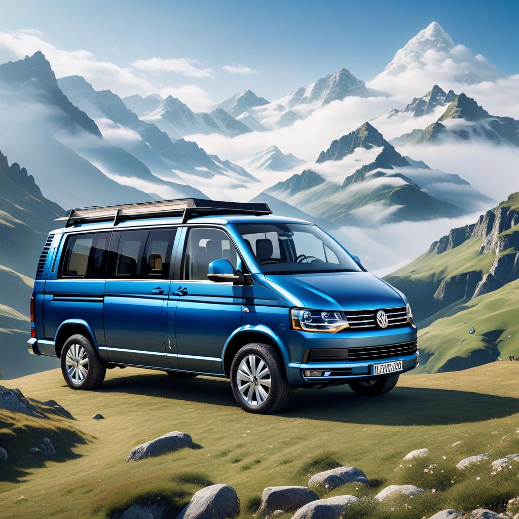  blue volkswagen caravelle 4 with mountain pictures on its body standing on the valley and mountains background, T SHIRT DESIGN hyperrealistic, full body, detailed clothing, highly detailed, cinematic lighting, stunningly beautiful, intricate, sharp focus, f/1. 8, 85mm, (centered image composition), (professionally color graded), ((bright soft diffused light)), volumetric fog, trending on instagram, trending on tumblr, HDR 4K, 8K