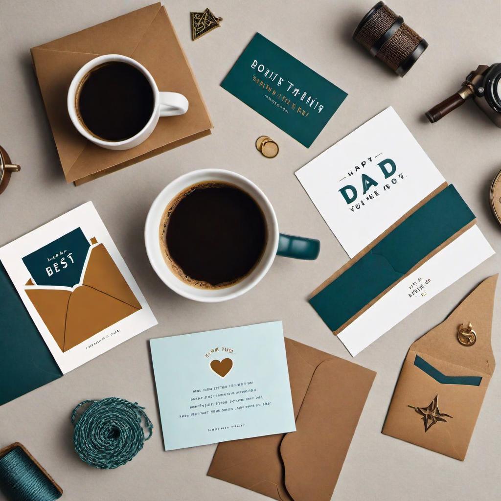  a collection of different Father's Day cards. Some cards should have heartwarming messages like 'Happy Father’s Day,' 'Best Dad Ever,' 'Thank you, Dad,' 'You're the Best,' and 'Love you, Dad.' The cards can have various designs, including simplistic, modern, vintage, and fun. Include elements like ties, coffee mugs, tools, and other symbols that represent fathers. Make sure the colors are warm and inviting, like blues, greens, and browns. hyperrealistic, full body, detailed clothing, highly detailed, cinematic lighting, stunningly beautiful, intricate, sharp focus, f/1. 8, 85mm, (centered image composition), (professionally color graded), ((bright soft diffused light)), volumetric fog, trending on instagram, trending on tumblr, HDR 4K, 8K