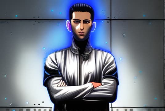 mdjrny-v4 style Anime style portrait of a young man with short, spiky black hair and blue eyes. He is wearing a black jacket over a white shirt, paired with dark jeans and combat boots. The background features an urban cityscape at dusk, illuminated by neon lights. Detailed and expressive, with a confident and determined look.