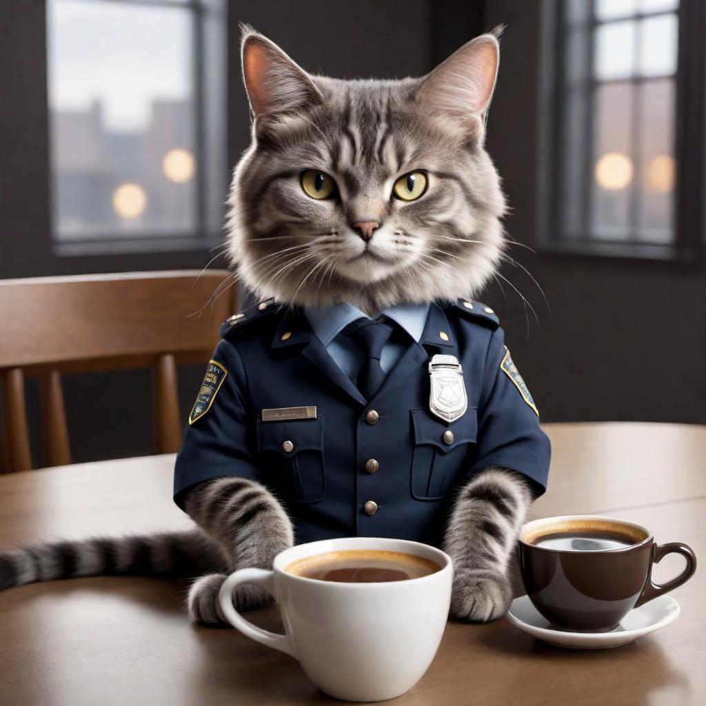  A meme with a very human-like cat dressed in a police uniform, sitting at a table. The cat is holding a handgun and a coffee mug. There’s a caption at the top that says "I HAVEN'T HAD MY COFFEE YET" and at the bottom "DON'T PURRR-SUE ME". The scene plays on the phrase "don't pursue me" with a humorous twist, replacing "pursue" with "purr-sue," referencing the sound that cats make. The cat looks irritated. hyperrealistic, full body, detailed clothing, highly detailed, cinematic lighting, stunningly beautiful, intricate, sharp focus, f/1. 8, 85mm, (centered image composition), (professionally color graded), ((bright soft diffused light)), volumetric fog, trending on instagram, trending on tumblr, HDR 4K, 8K