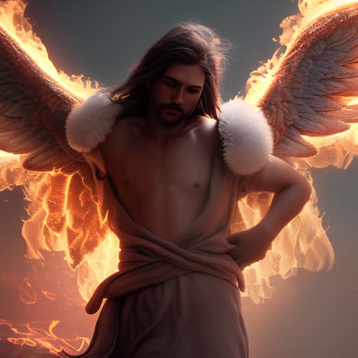 redshift style A Heavenly Angel Warrior in a wilderness is baptized by the fire of God but is not consumed being consumed.