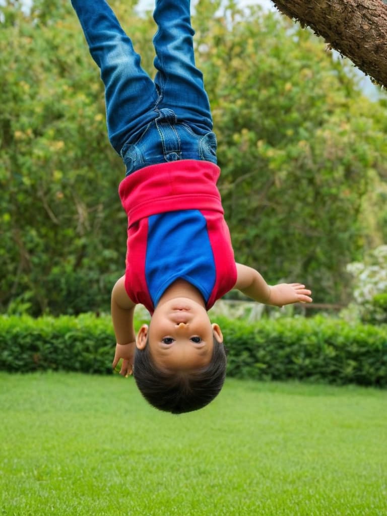  A young child hanging upside down