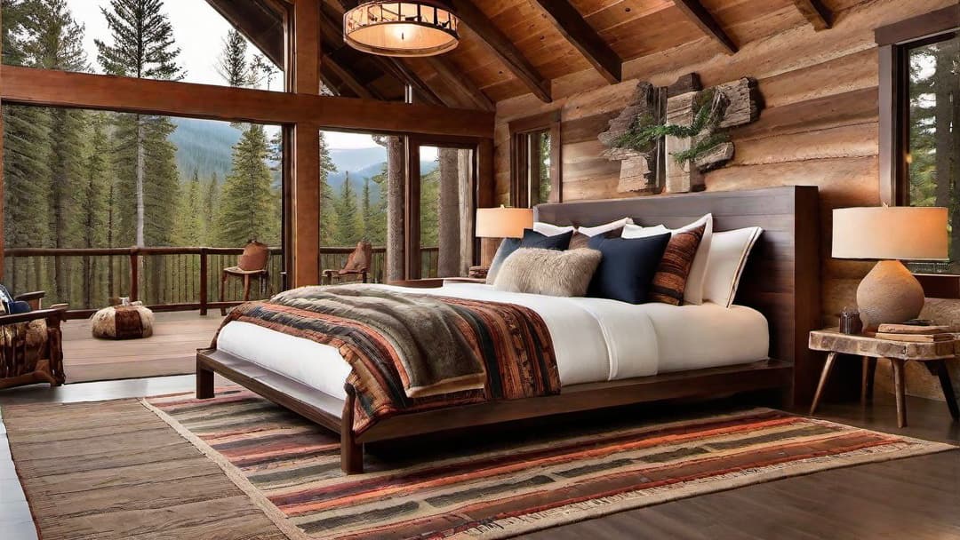  Log cabin bedroom with outdoor inspired decor, featuring rustic wooden furniture, nature themed wall art, soft earthy toned bedding, large windows with views of the forest, and cozy textures like wool blankets and fur rugs.