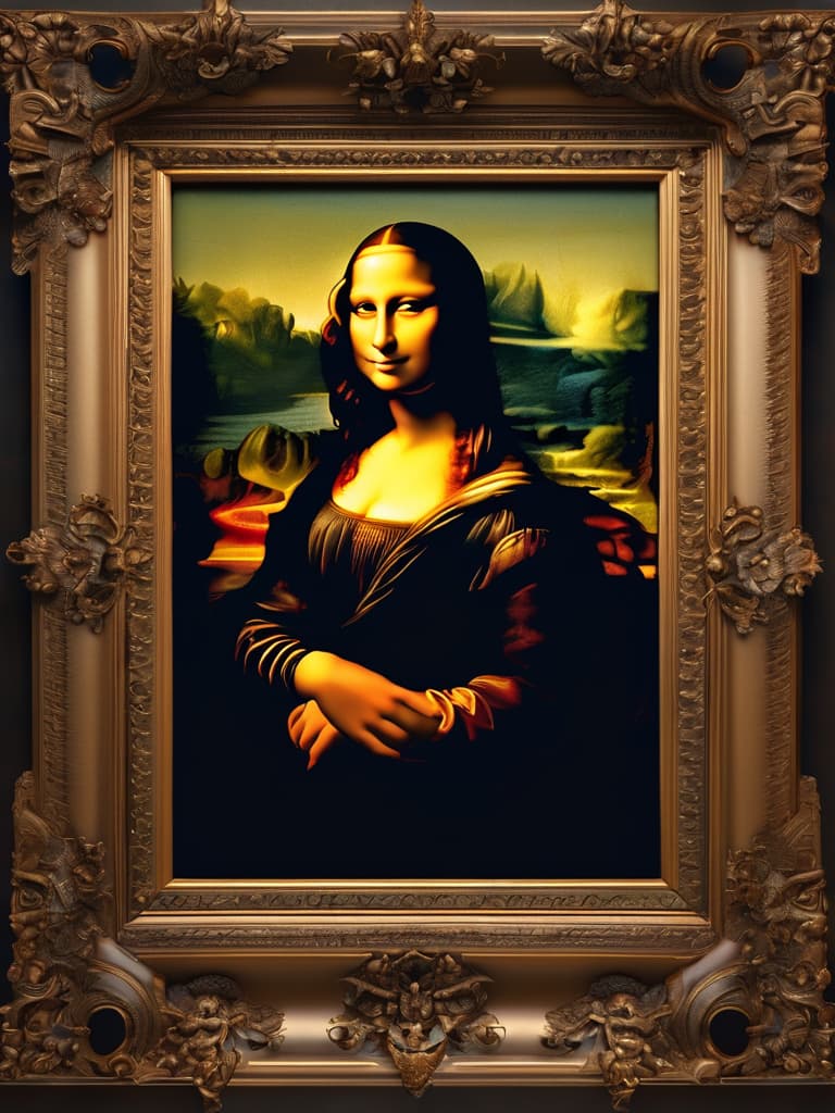  Mona Lisa hyperrealistic, full body, detailed clothing, highly detailed, cinematic lighting, stunningly beautiful, intricate, sharp focus, f/1. 8, 85mm, (centered image composition), (professionally color graded), ((bright soft diffused light)), volumetric fog, trending on instagram, trending on tumblr, HDR 4K, 8K