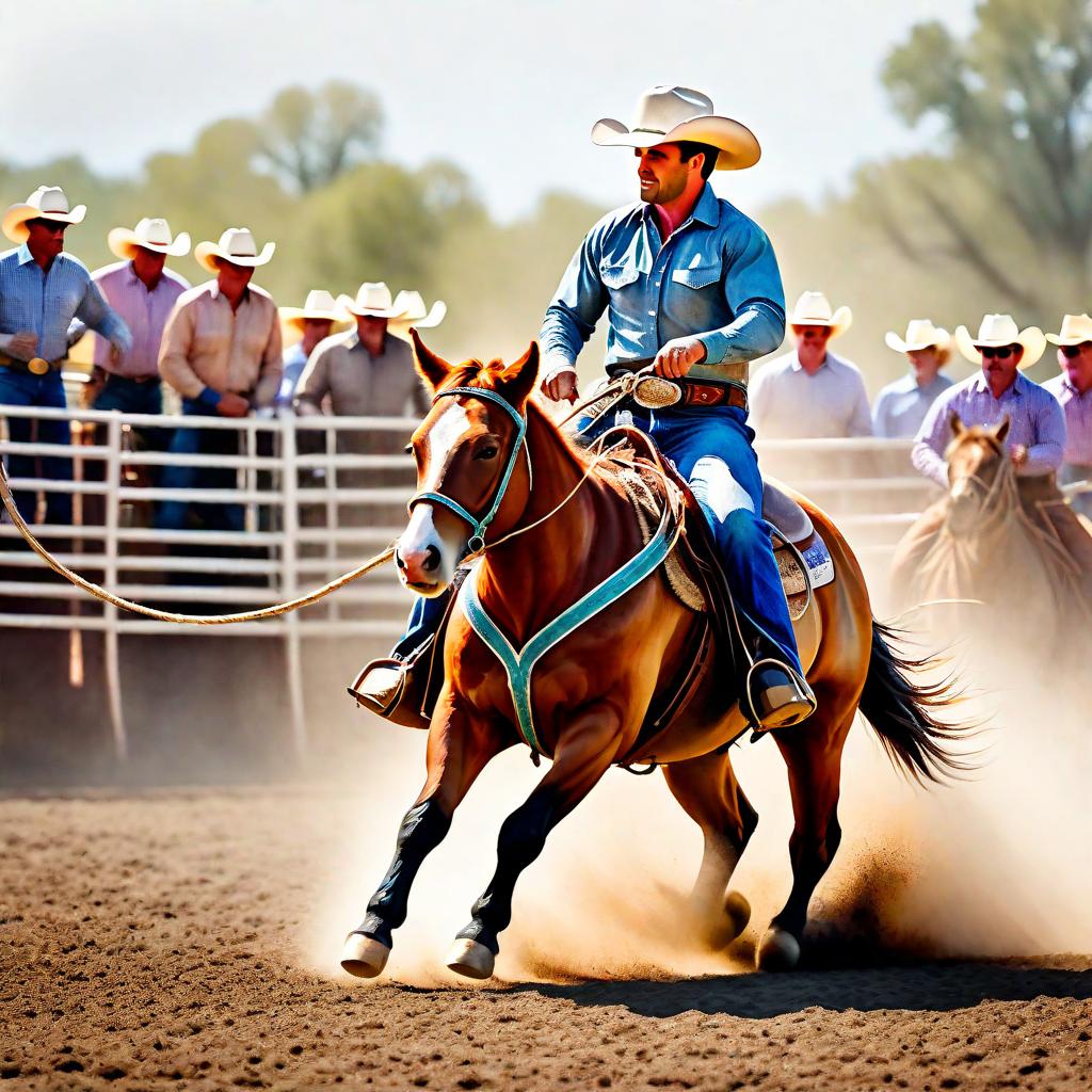  Create a watercolor painting of calf roping at a rodeo. The background features soft, watercolor style splashes in earthy tones, giving the image an artistic and dreamy feel. Ensure the overall image has a delicate watercolor effect.