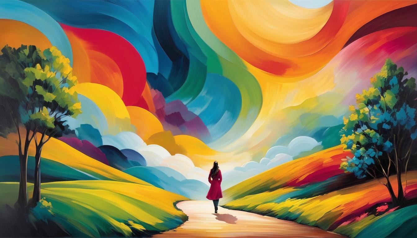  oil paintingAttractive woman walking alone, path through an abstract landscape, isolated by experiences, aura of solitude, emotional depth and resilience visible.(energetic brushwork, bold vibrant colors, expressive, emotional,bold brush, oil stroke, raw, emotional, dynamic, distortion for emotional effect, detailed,beautiful, loose brushwork, light and shadow play, captures feeling over form, balanced color