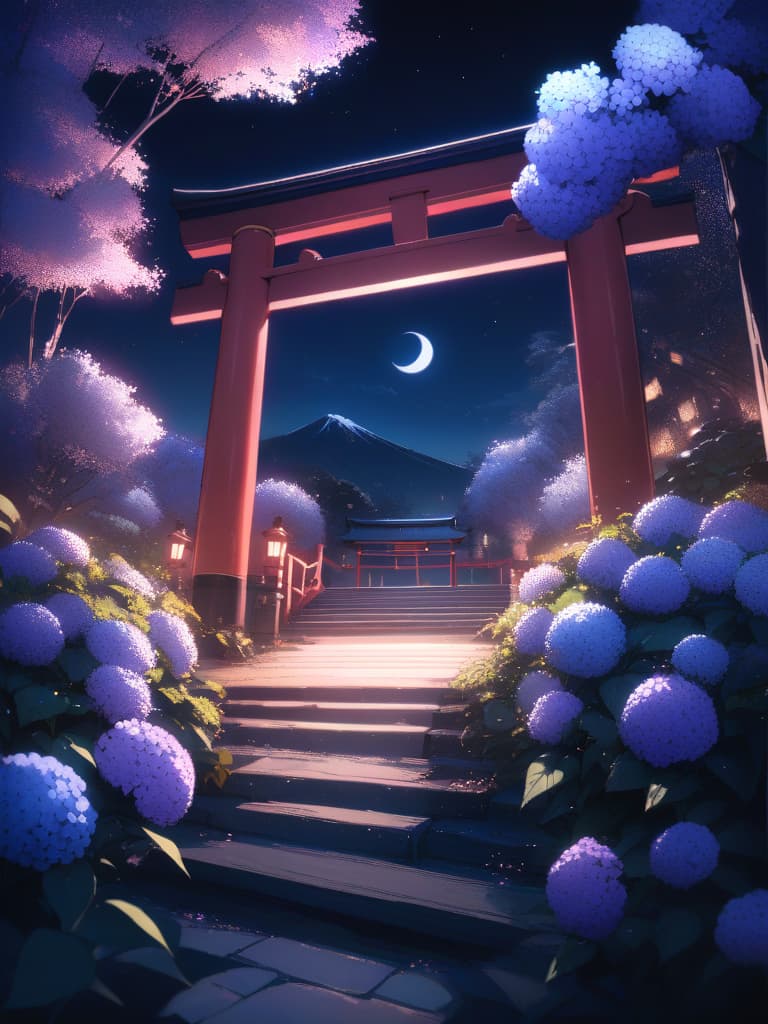  Scenery, Senbon Torii, crescent moon, night, hydrangea, masterpiece, best quality,8k,ultra detailed,high resolution,an extremely delicate and beautiful,hyper detail