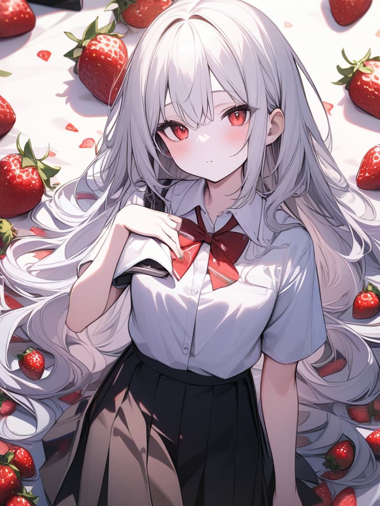  Cute, girl, young face, white skin, thin body, fluffy hair, white hair, red eyes, strawberry decorations, school uniforms, fluffy long hair, masterpiece, best quality,8k,ultra detailed,high resolution,an extremely delicate and beautiful,hyper detail