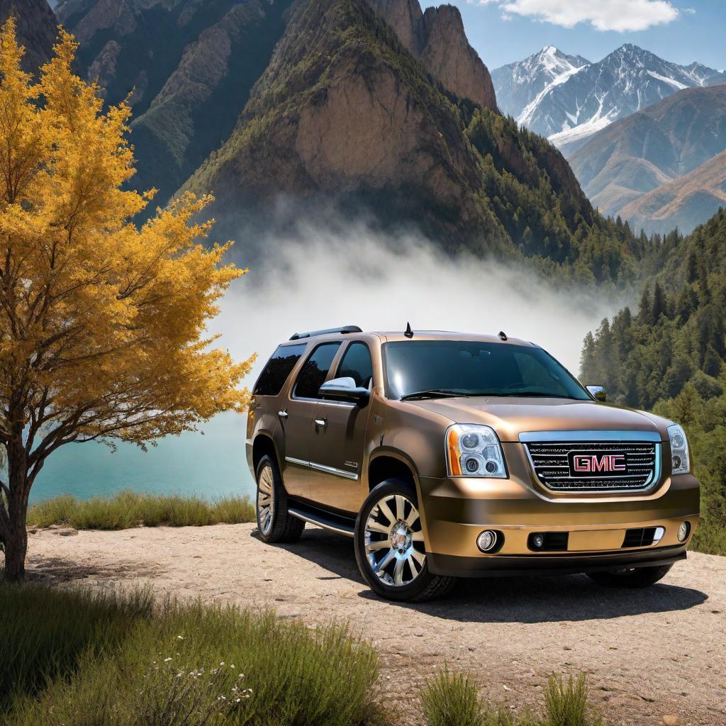  2008 GMC Yukon Denali in gold/brown color, parked in a scenic location with a mountainous background, under a clear blue sky hyperrealistic, full body, detailed clothing, highly detailed, cinematic lighting, stunningly beautiful, intricate, sharp focus, f/1. 8, 85mm, (centered image composition), (professionally color graded), ((bright soft diffused light)), volumetric fog, trending on instagram, trending on tumblr, HDR 4K, 8K