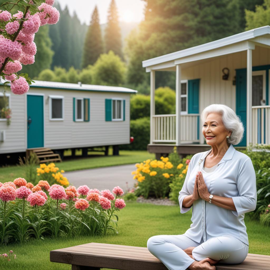  A serene and vibrant image representing a Senior Mobile Home Park. The image should convey a sense of community, nature, and peaceful living. Include elements like mobile homes, seniors engaging in activities like yoga or BBQs, and a backdrop of greenery and flowers. Add text overlay with hashtags: #SeniorLiving #MobileHomePark #RetirementGoals #CommunityLove #ElderlyCare #NatureLovers hyperrealistic, full body, detailed clothing, highly detailed, cinematic lighting, stunningly beautiful, intricate, sharp focus, f/1. 8, 85mm, (centered image composition), (professionally color graded), ((bright soft diffused light)), volumetric fog, trending on instagram, trending on tumblr, HDR 4K, 8K