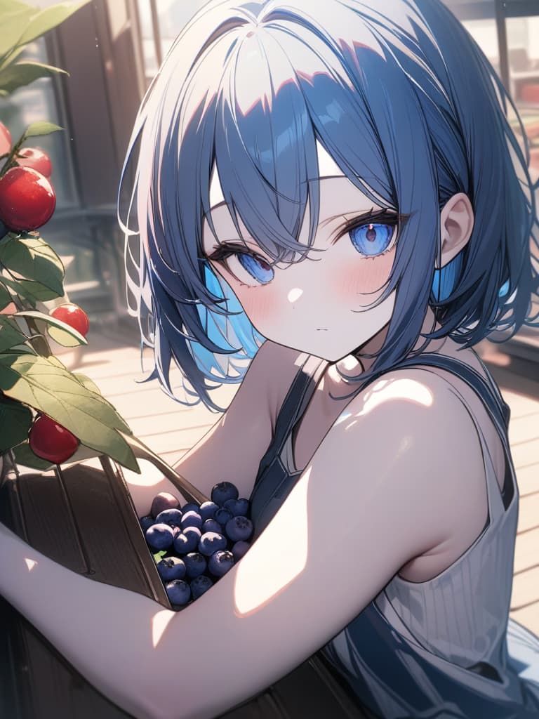  Cute, girl, long hair, thin body, white skin, blue eyes, large eyes, short bob, blueberry, blueberry decoration, tank top, short hair, blue hair color, sauce eye, masterpiece, best quality,8k,ultra detailed,high resolution,an extremely delicate and beautiful,hyper detail