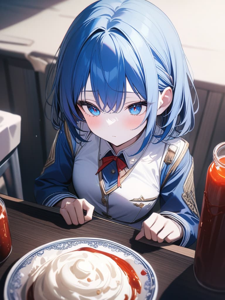  Cute, , blue hair, blue eyes, short bob, thin body, white skin, sauce, , uniform, shirt, ribbon, masterpiece, best quality,8k,ultra detailed,high resolution,an extremely delicate and beautiful,hyper detail