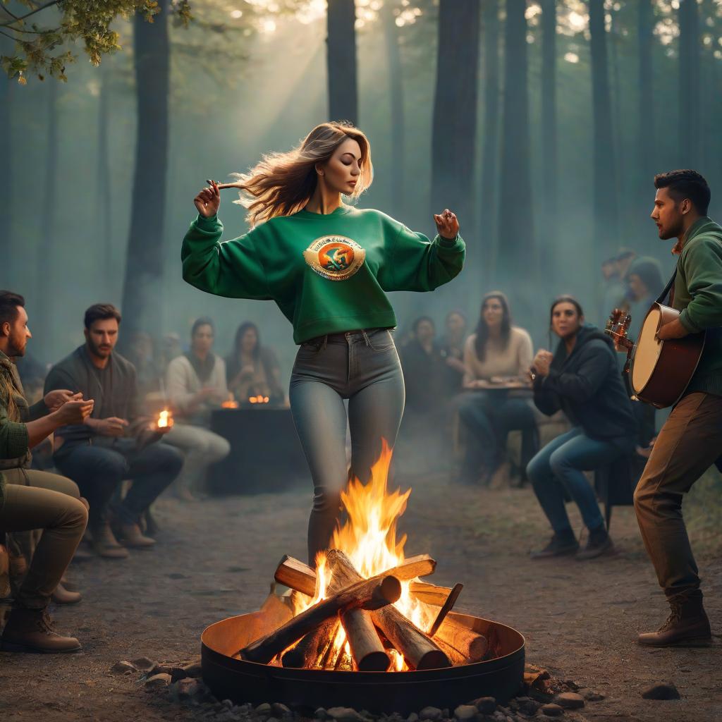  a woman dances with a tambourine by a campfire dressed in a green sweatshirt and jeans hyperrealistic, full body, detailed clothing, highly detailed, cinematic lighting, stunningly beautiful, intricate, sharp focus, f/1. 8, 85mm, (centered image composition), (professionally color graded), ((bright soft diffused light)), volumetric fog, trending on instagram, trending on tumblr, HDR 4K, 8K