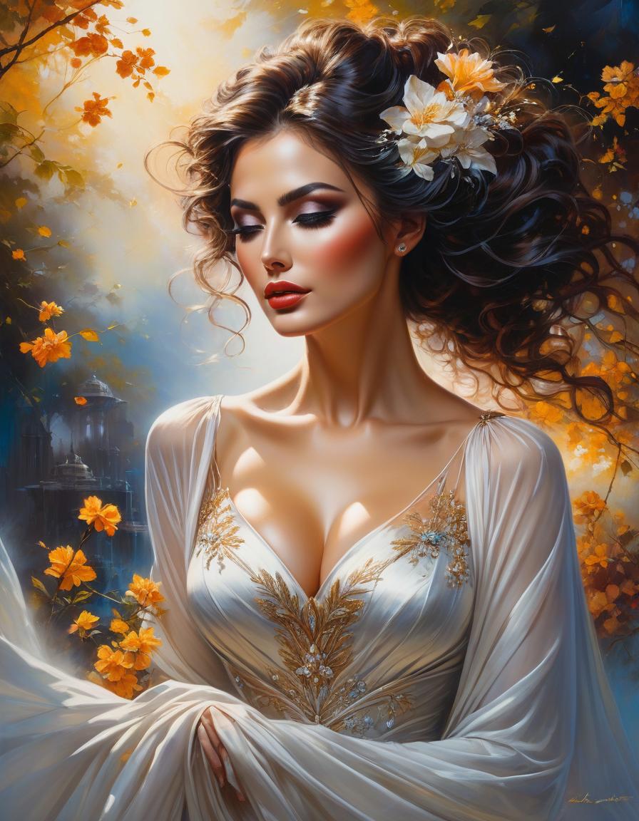  At last my love has come along, a fine art painting, Karol Bak UHD, beautiful face, Pino Daeni and Dan Mumford, exquisite rendering, style of Leonid Afremov hyperrealistic, full body, detailed clothing, highly detailed, cinematic lighting, stunningly beautiful, intricate, sharp focus, f/1. 8, 85mm, (centered image composition), (professionally color graded), ((bright soft diffused light)), volumetric fog, trending on instagram, trending on tumblr, HDR 4K, 8K