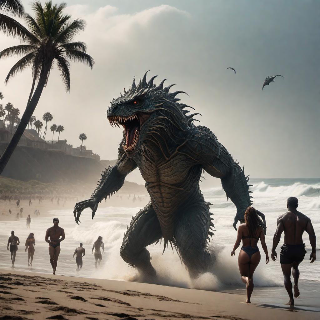  A surreal scene at the beach with monstrous creatures chasing frightened people. The setting is a sunlit beach with sand, waves, and palm trees, but the atmosphere is tense and chaotic. The monsters are large, terrifying creatures with menacing features, while the people are running in panic towards the ocean and away from the monsters. The contrast between the serene beach setting and the horror of the chase adds to the surreal and unsettling mood. hyperrealistic, full body, detailed clothing, highly detailed, cinematic lighting, stunningly beautiful, intricate, sharp focus, f/1. 8, 85mm, (centered image composition), (professionally color graded), ((bright soft diffused light)), volumetric fog, trending on instagram, trending on tumblr, HDR 4K, 8K