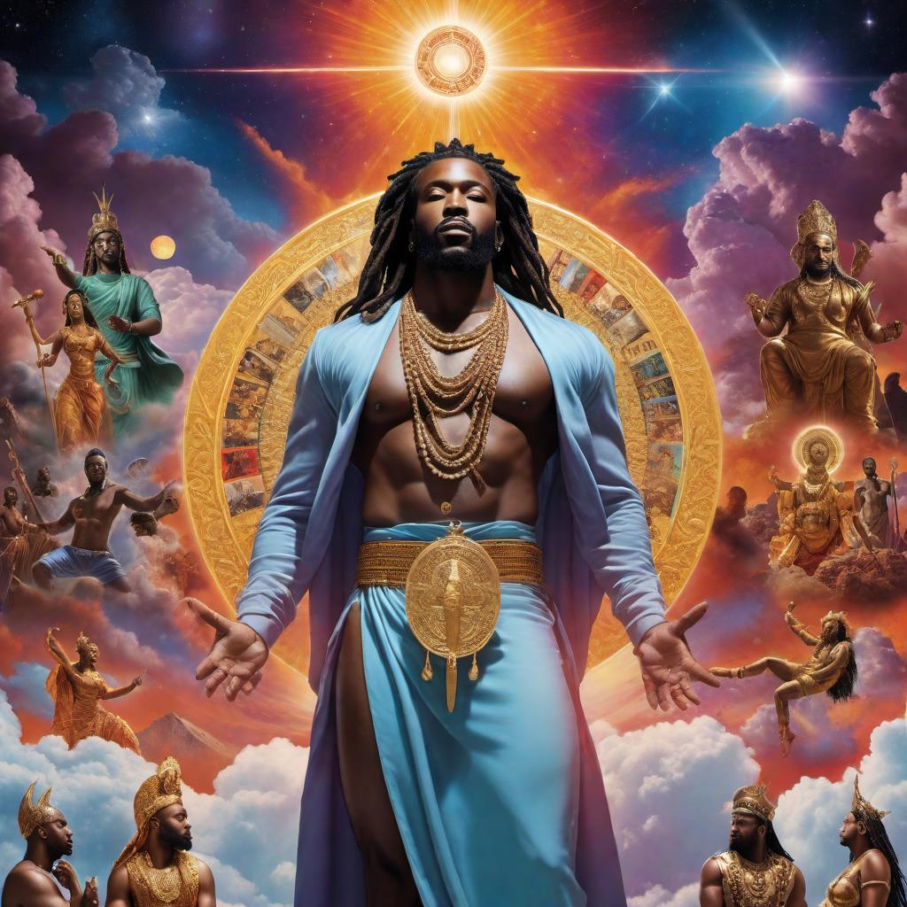  An album cover featuring a majestic god standing atop a collage of various iconic rap album covers. The god is depicted with a powerful and divine aura, surrounded by celestial elements like stars and clouds. The background is a blend of vibrant colors reflecting the energy and dynamism of rap music. The god's expression is serene yet commanding, with elements of traditional deity imagery merged with modern artistic styles. The overall design is bold and striking, capturing the essence of both reverence and creativity. hyperrealistic, full body, detailed clothing, highly detailed, cinematic lighting, stunningly beautiful, intricate, sharp focus, f/1. 8, 85mm, (centered image composition), (professionally color graded), ((bright soft diffused light)), volumetric fog, trending on instagram, trending on tumblr, HDR 4K, 8K