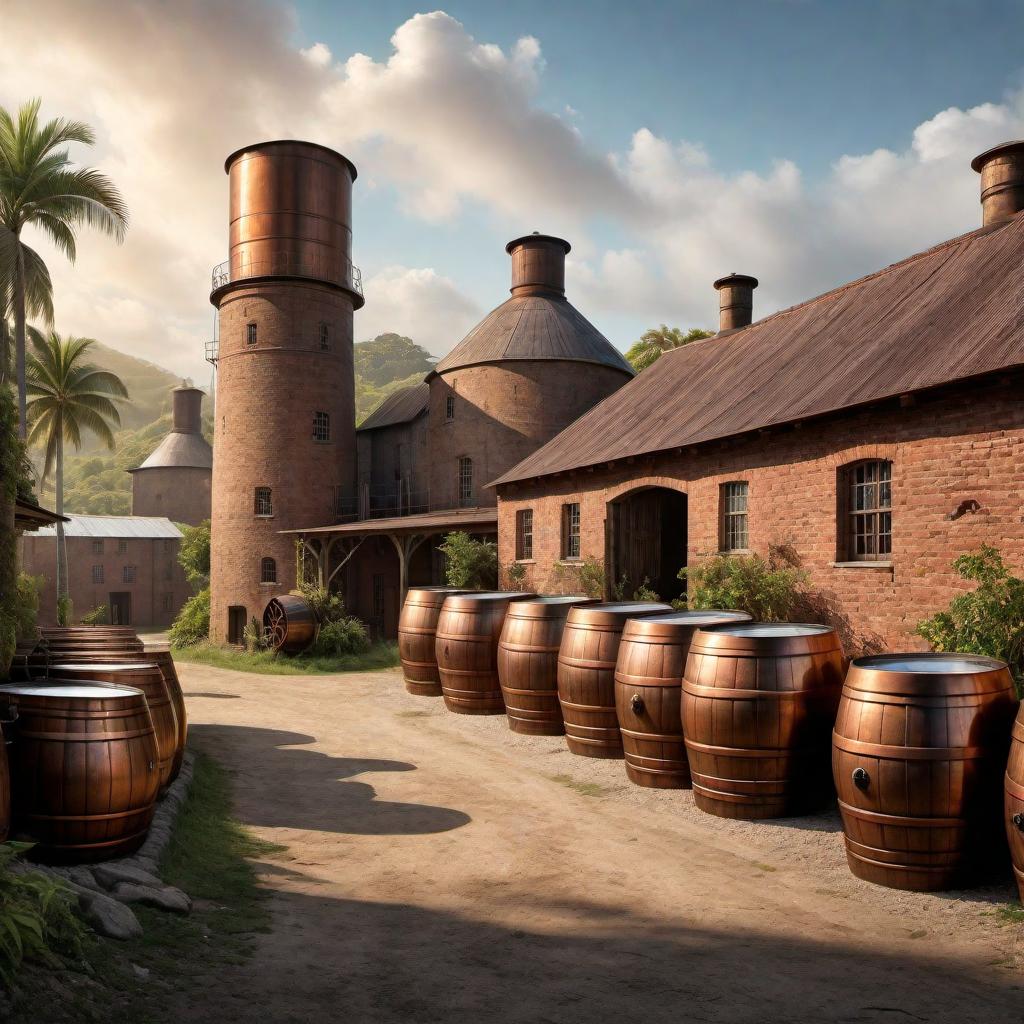  Drawing of a Cruzan rum distillery. Show traditional distillery buildings with large copper pot stills, wooden barrels, cane fields in the background, aged brick buildings, and a general atmosphere of craftsmanship and heritage. hyperrealistic, full body, detailed clothing, highly detailed, cinematic lighting, stunningly beautiful, intricate, sharp focus, f/1. 8, 85mm, (centered image composition), (professionally color graded), ((bright soft diffused light)), volumetric fog, trending on instagram, trending on tumblr, HDR 4K, 8K